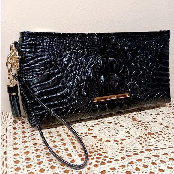 Brahmin Black Classic Kayla Leather Wristlet Clutch with Tassel - Picture 1 of 9